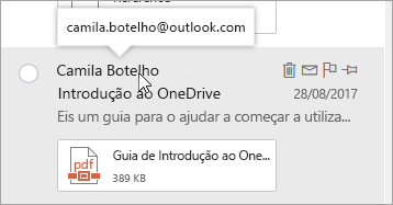 Uma captura de ecrã do cursor a pairar sobre um nome de remetente