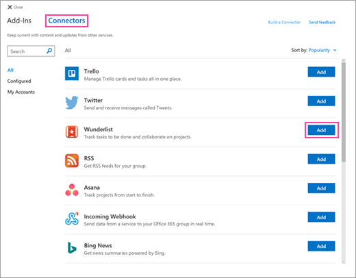 Uma captura de ecrã a mostrar os serviços ligados disponíveis no Outlook na Web