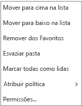 Captura de ecrã que mostra o menu de contexto ou de atalho que é apresentado quando clica com o botão direito do rato na caixa de entrada do Correio.