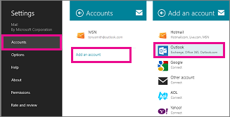 Windows 8 páginas do menu Correio: Definições > Contas > Adicionar uma Conta