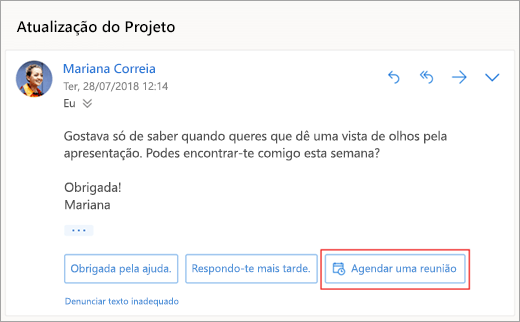 Captura de ecrã da resposta sugerida para agendar uma reunião