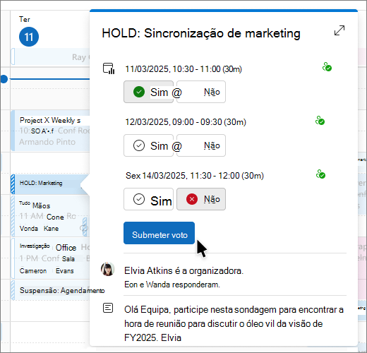 janela de pop-up a mostrar as opções de votação do agendamento do inquérito