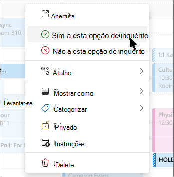 Menu de contexto num inquérito de agendamento com opções de votação
