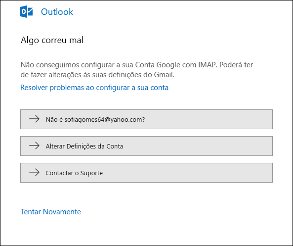 Ocorreu um problema ao adicionar uma conta de e-mail ao Outlook.