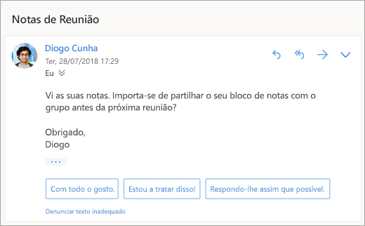 Captura de ecrã de respostas sugeridas