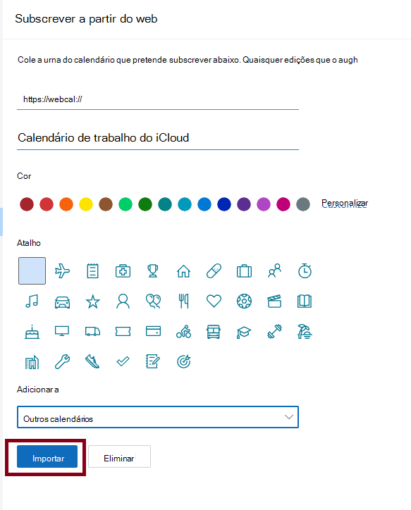 Esta é a janela completa do OWA quando clicamos em Adicionar calendário para importar calendário.