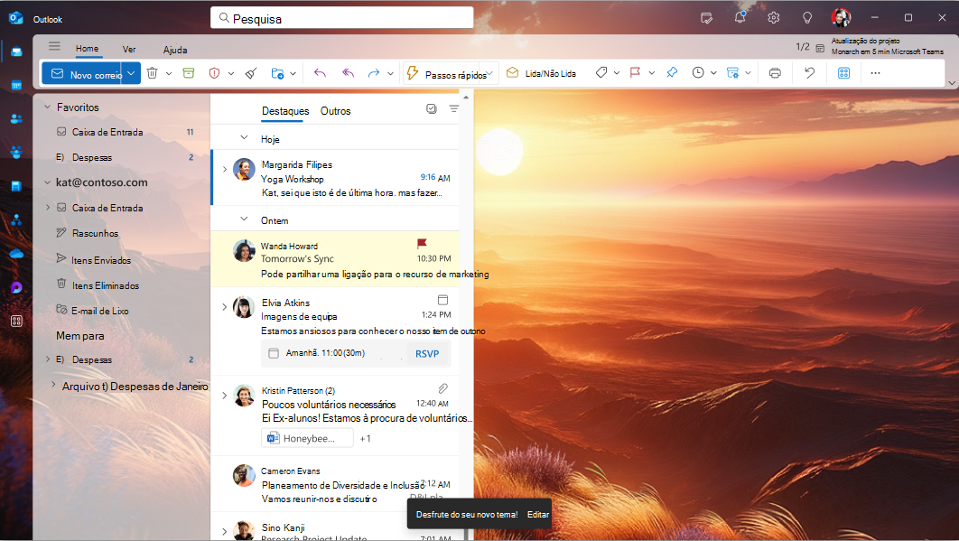 Um ecrã a mostrar o aspeto de um tema quando aplicado no novo Outlook para Windows