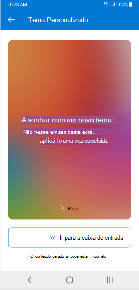 Um ecrã a mostrar um Tema por Copilot a gerar no Outlook Mobile