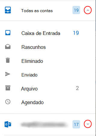 Mostra pastas do Outlook, com setas pendentes num círculo no lado direito do ecrã.