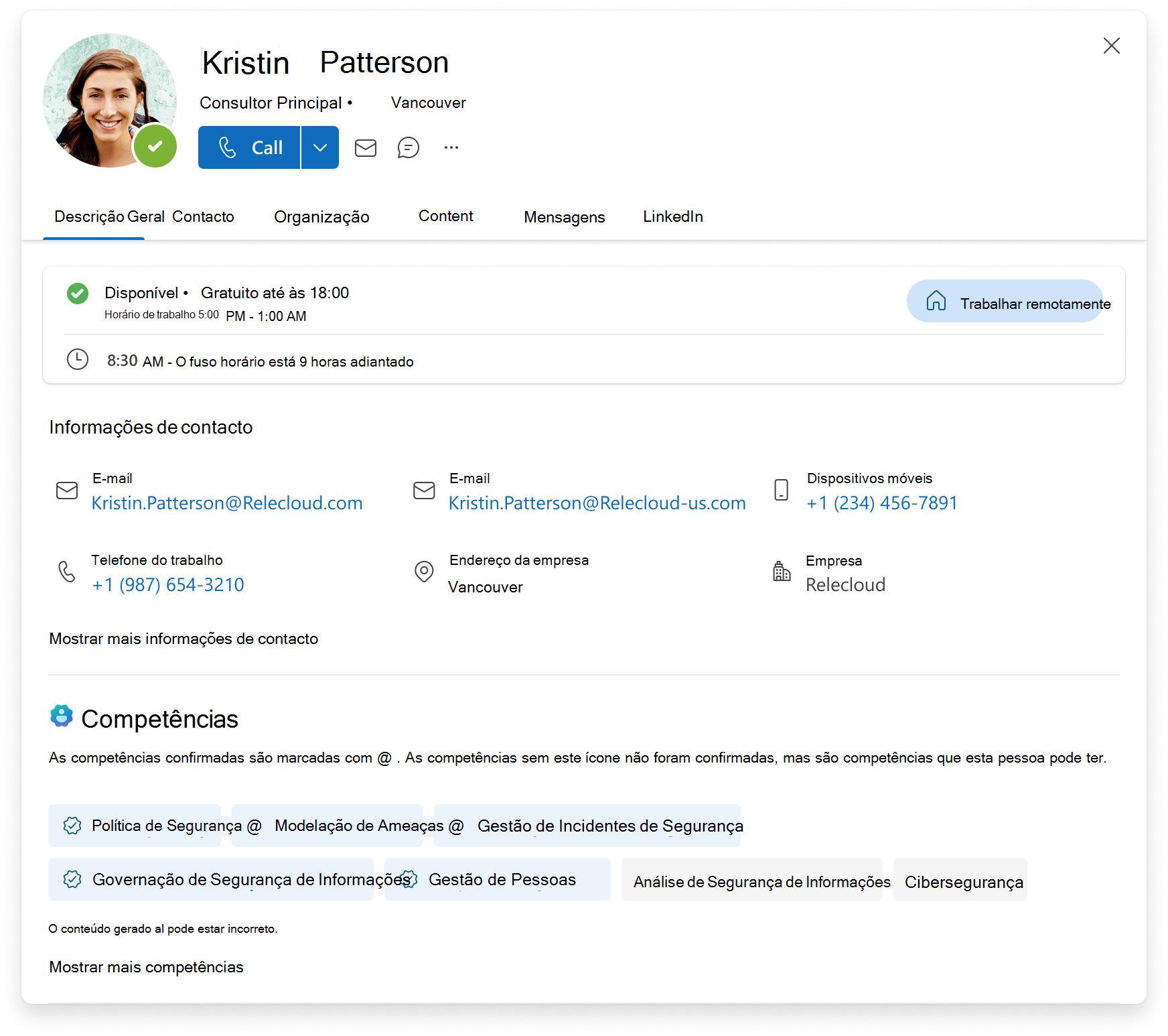 Uma captura de ecrã do cartão de perfil do Microsoft 365, que lista uma descrição geral, informações de contacto e uma lista de competências confirmadas e não confirmadas