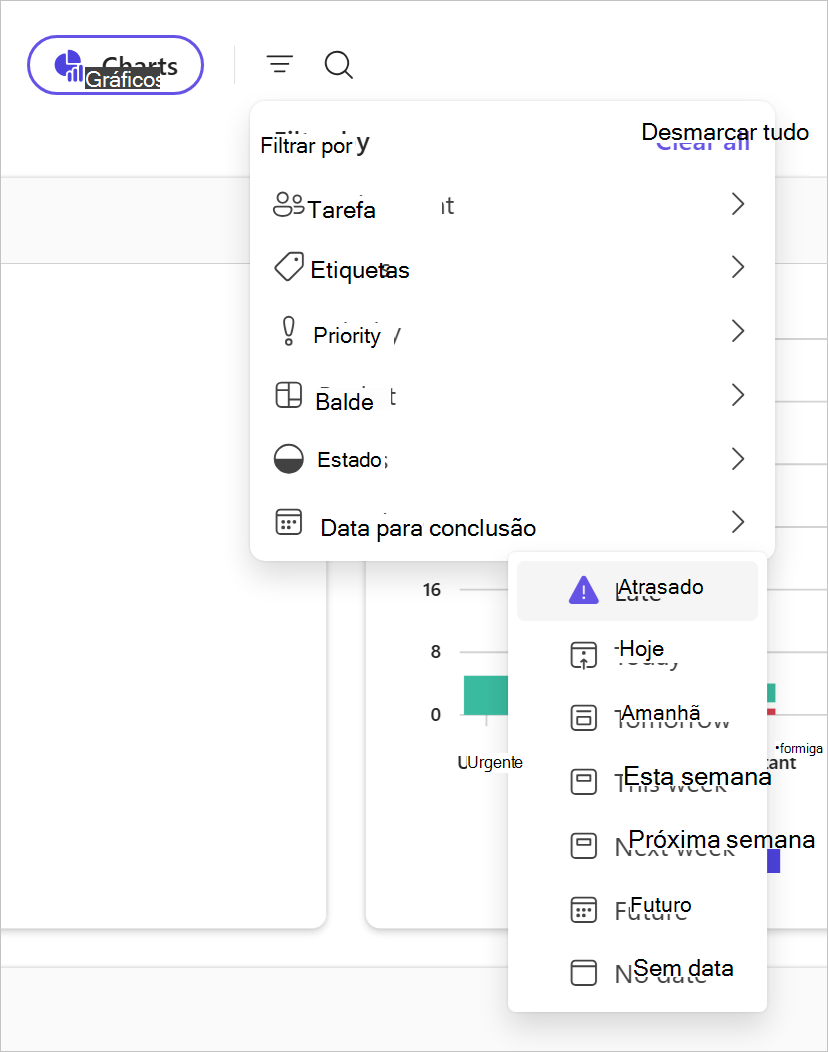Filtrar tarefas na vista de Gráfico por tarde