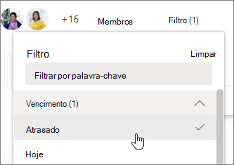 Captura de ecrã no Planner de selecionar Atrasado no menu Filtrar