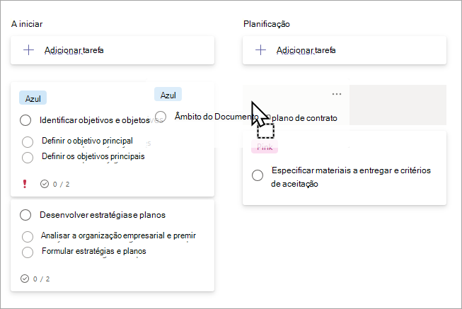 Arrastar uma tarefa entre grupos na vista Quadro