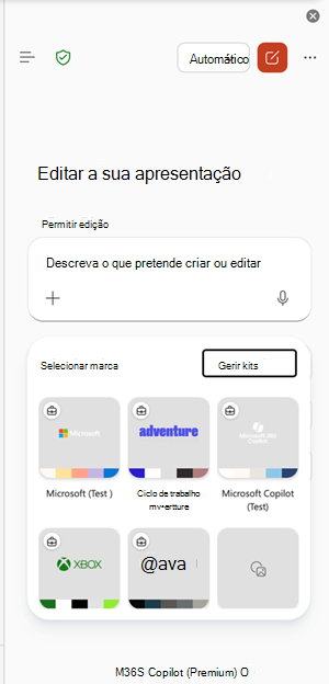 Captura de ecrã que mostra o ponto de entrada managebrandkits no PowerPoint.