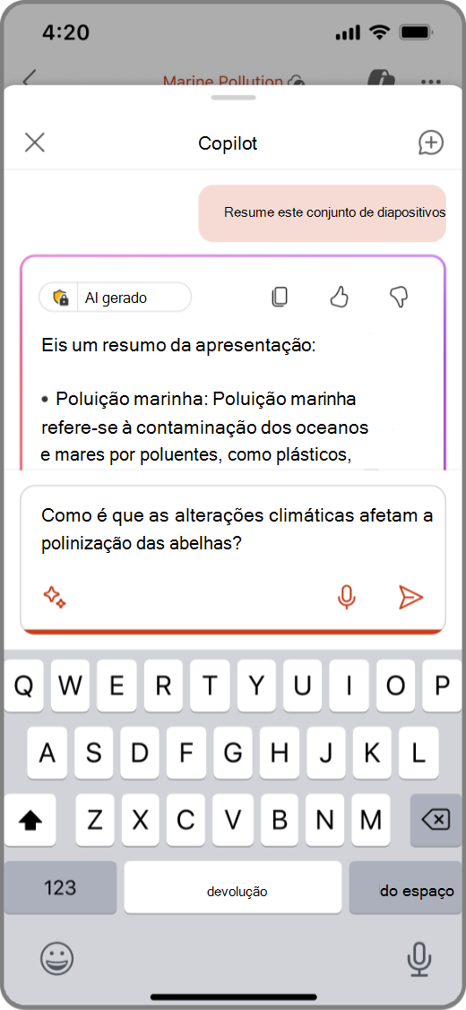 Captura de ecrã do Copilot no PowerPoint num dispositivo iOS com um pedido na caixa de composição