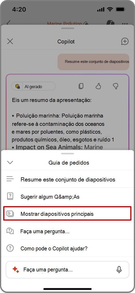 Captura de ecrã do Copilot no PowerPoint num dispositivo iOS com o pedido Mostrar Diapositivos Principais