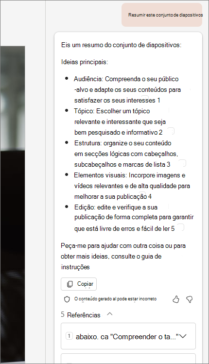 Captura de ecrã da funcionalidade resumir este apresentação com citações