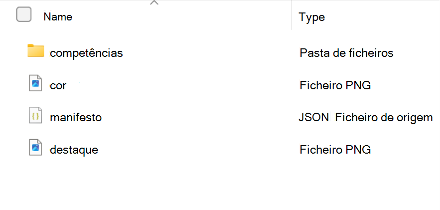 Captura de ecrã que mostra os conteúdos de uma pasta de pacotes de competências: uma pasta de competências e os ficheiros color.png, manifest.json e outline.png.
