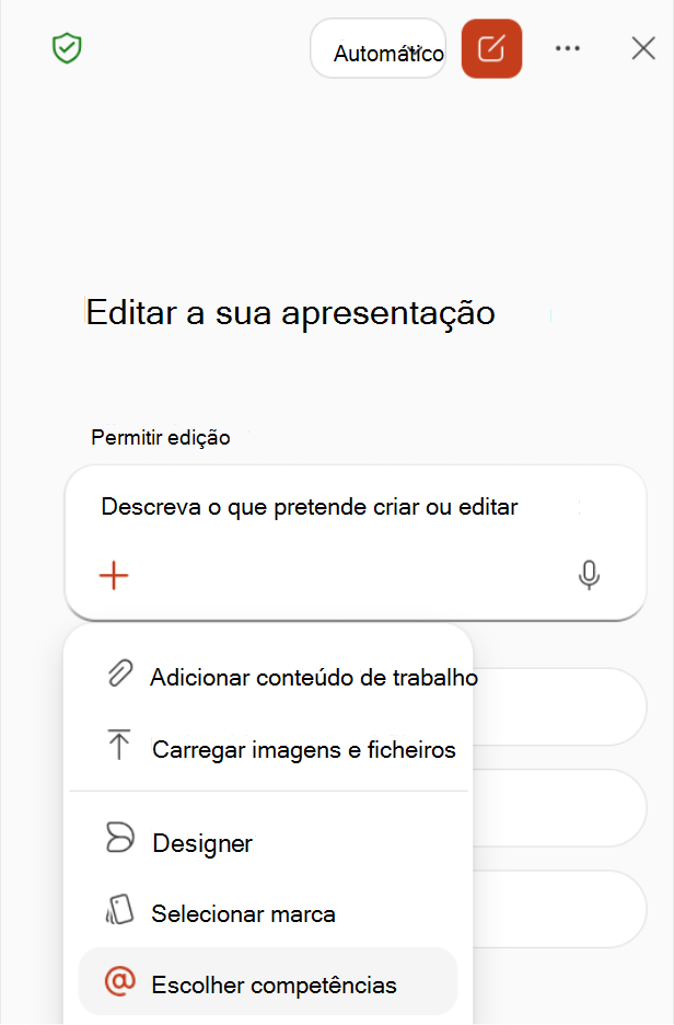 Captura de ecrã que mostra a seleção de Escolher competências no menu mais no painel Copilot.