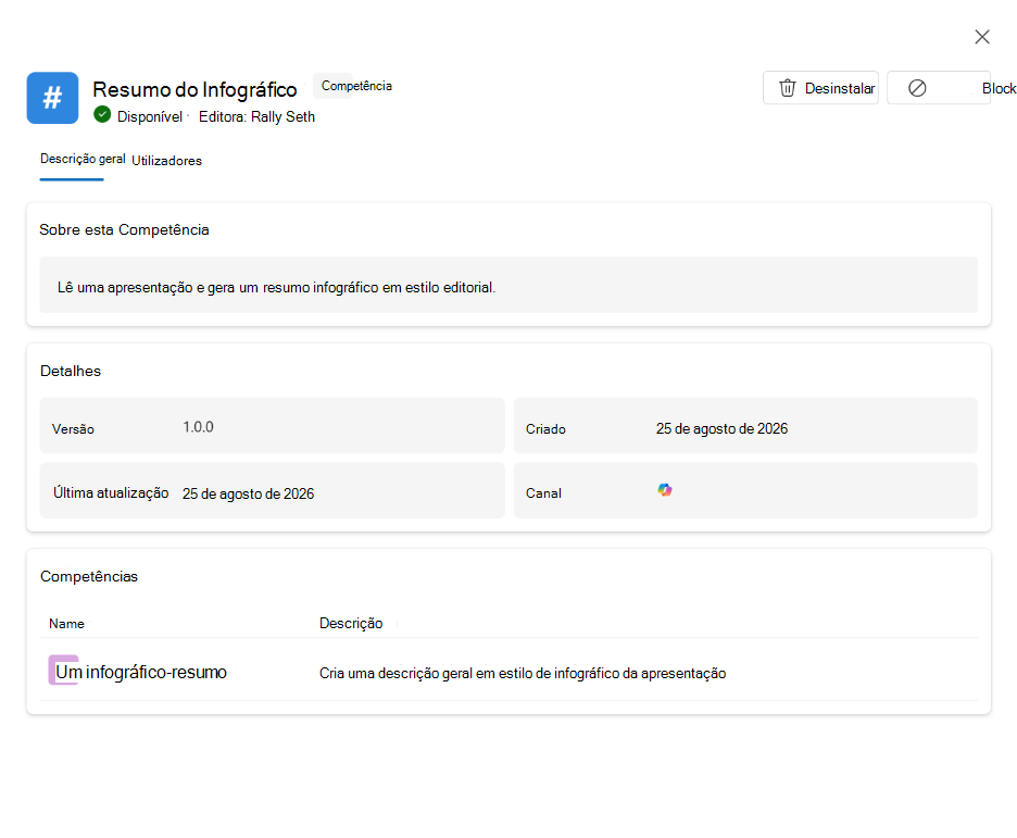 Captura de ecrã que mostra os detalhes, os utilizadores, a versão e o estado de implementação de uma competência.