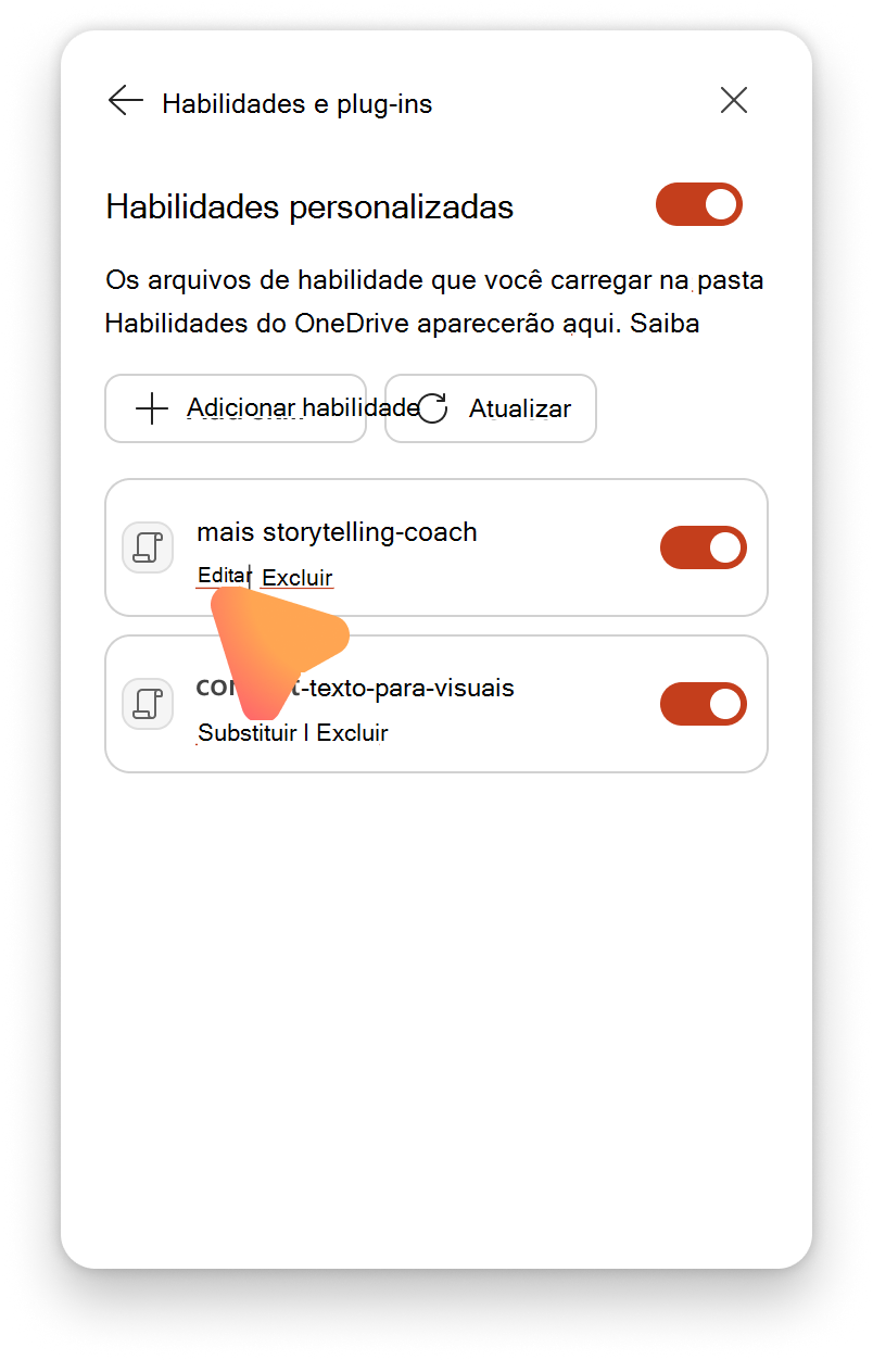 Captura de ecrã que mostra as competências de edição e eliminação no painel de gestão de competências do Copilot no PowerPoint.
