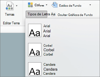 Menu Tipos de Letra no separador Modelo Global de Diapositivos do PowerPoint