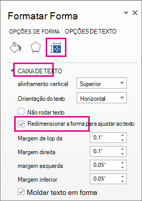 Captura de ecrã a mostrar o redimensionamento da forma para ajustar ao texto no painel Formatar Forma.