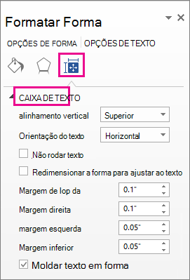 Captura de ecrã a mostrar as opções da caixa de texto no painel Formatar Forma.