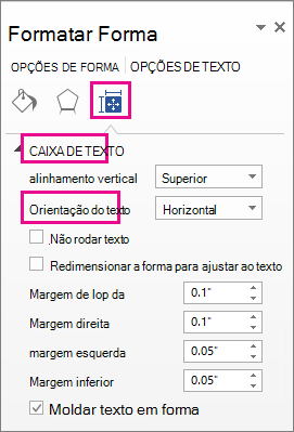 Captura de ecrã a mostrar a direção do texto no painel Formatar Forma
