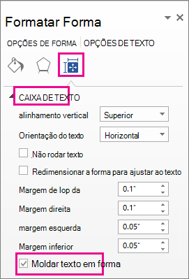 Captura de ecrã a mostrar a caixa de verificação moldar texto na forma