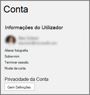 O painel Conta a mostrar o botão Privacidade da Conta, Gerir Definições
