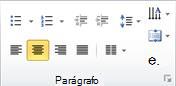Captura de ecrã a mostrar o grupo Parágrafo no separador Base.