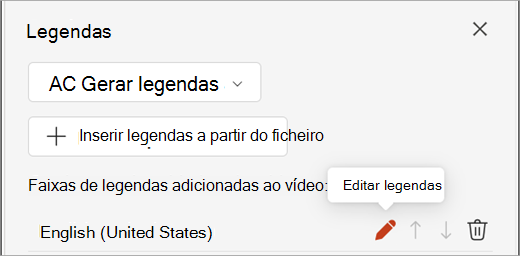 Botão Editar legendas para uma faixa de legendas no painel Legendas.