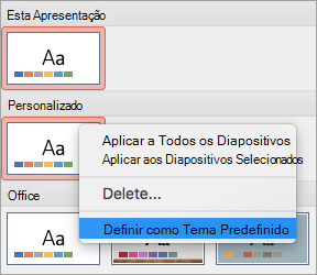 Mostra a opção Definir como Tema Predefinido para um tema personalizado