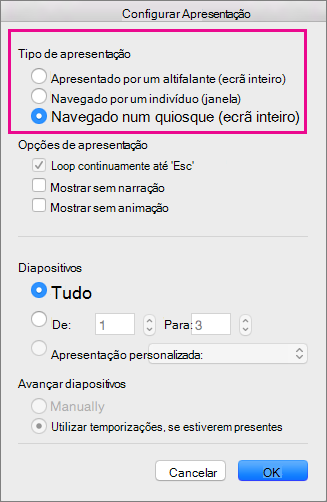 Apresentar opções de tipo