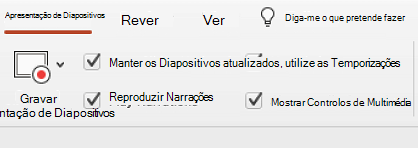 O separador apresentação de diapositivos do friso a mostrar a opção Manter Diapositivos Atualizados selecionada.