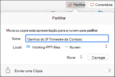 Captura de ecrã a mostrar a caixa de diálogo a oferecer o carregamento da apresentação para o seu armazenamento na nuvem da Microsoft para uma partilha totalmente integrada.