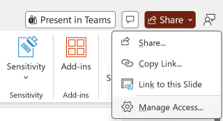Captura de ecrã das opções de Partilha no PowerPoint.