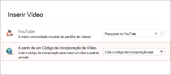 Apresenta a opção Incorporar vídeo no PowerPoint