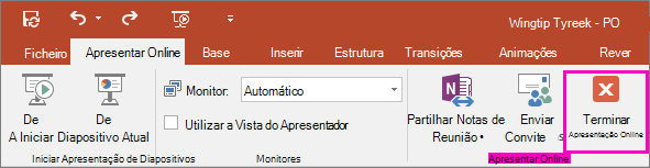 Apresenta o botão Terminar Apresentação Online no PowerPoint