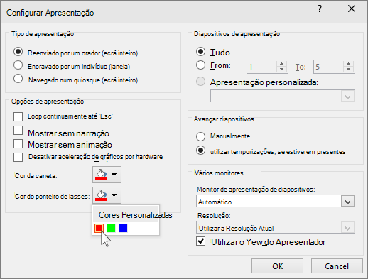 Apresenta opções do ponteiro de laser no PowerPoint