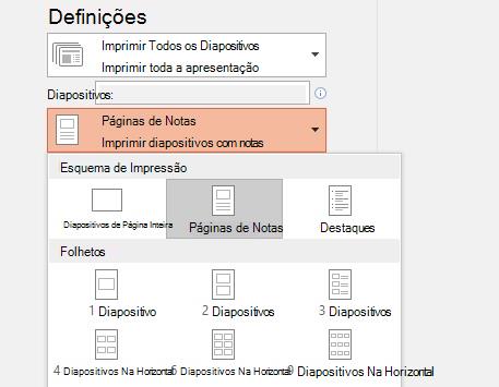 captura de ecrã da opção imprimir notas