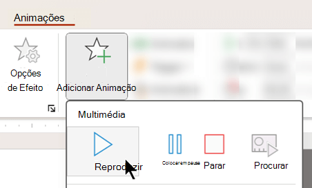 Captura de ecrã a mostrar que pode começar a reproduzir áudio com um atraso ao utilizar opções de animação.
