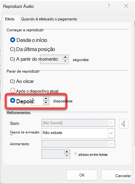 Pode especificar o número de diapositivos sobre os quais o clip de áudio será reproduzido.
