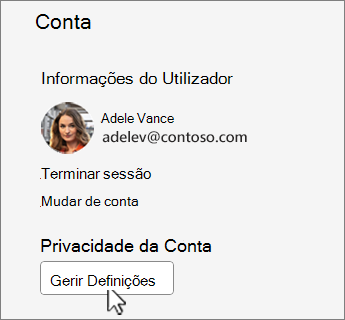 Caixa de diálogo Conta com seleção do botão Gerir definições.