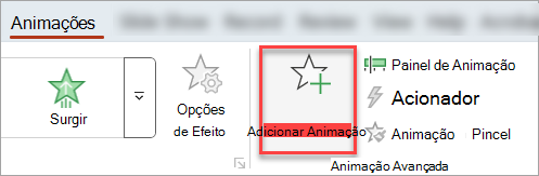 O botão Adicionar Animação no separador Animações.