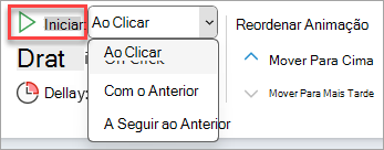 O seletor pendente Iniciar na Temporização de Animação.