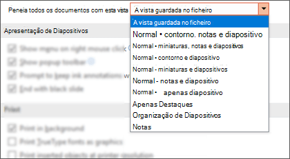 A lista Abrir todos os documentos com esta vista expandiu-se para que o cliente possa selecionar uma vista predefinida.