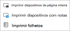 Menu Opções de impressão.