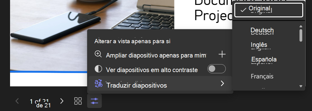 Captura de ecrã a mostrar a opção Alterar vista no PowerPoint Live com a opção Traduzir diapositivos selecionada e uma lista de idiomas apresentada.